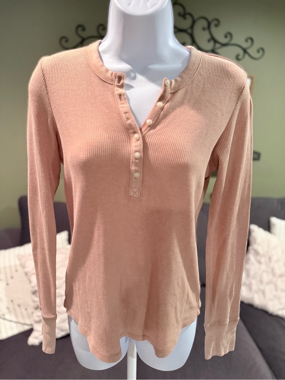 aerie Ribbed Henley Long-Sleeve Top in Dusty Rose